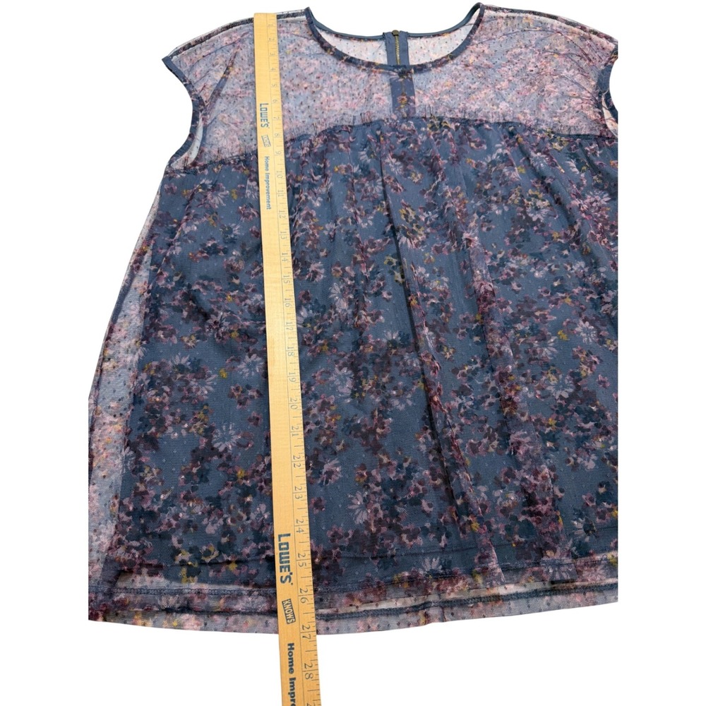 Floral Mesh Cap Sleeve Babydoll Blouse Blue Purple Sheer Overlay Top - Picture 7 of 10